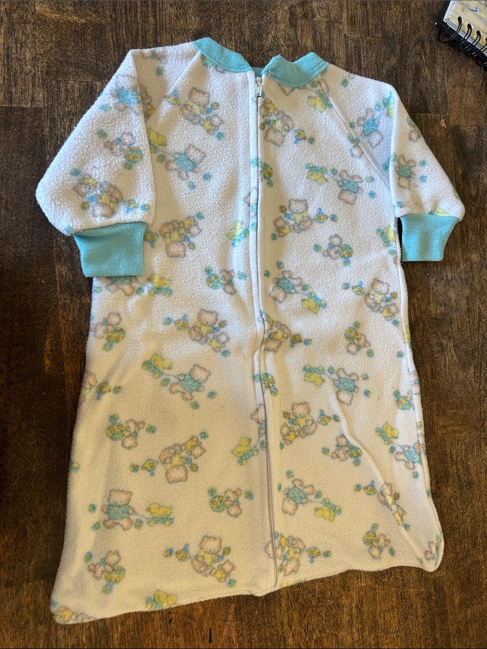 miniwear White Fleece Sleep Sack with Blue Trim and Teddy Print